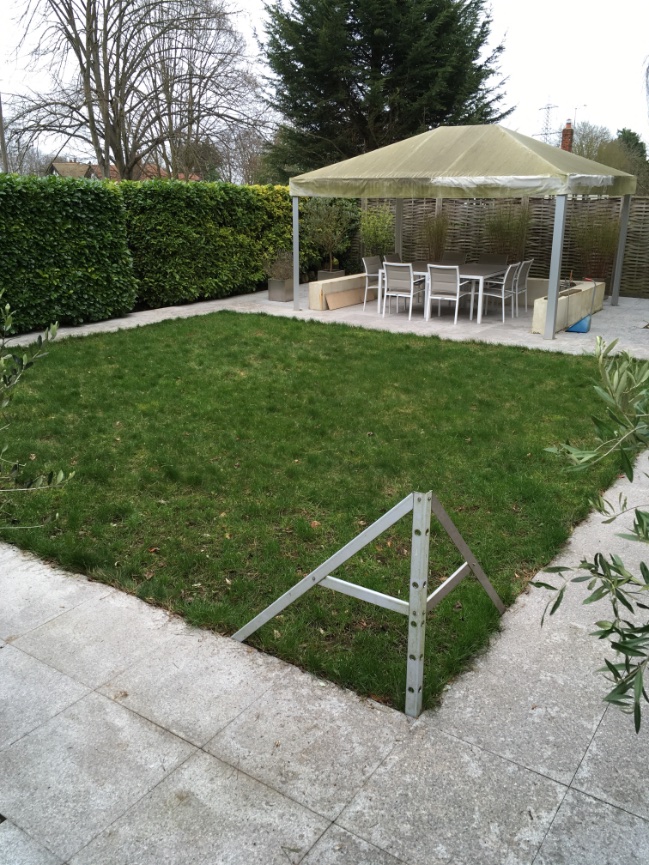 Artificial lawn and sunken pond before