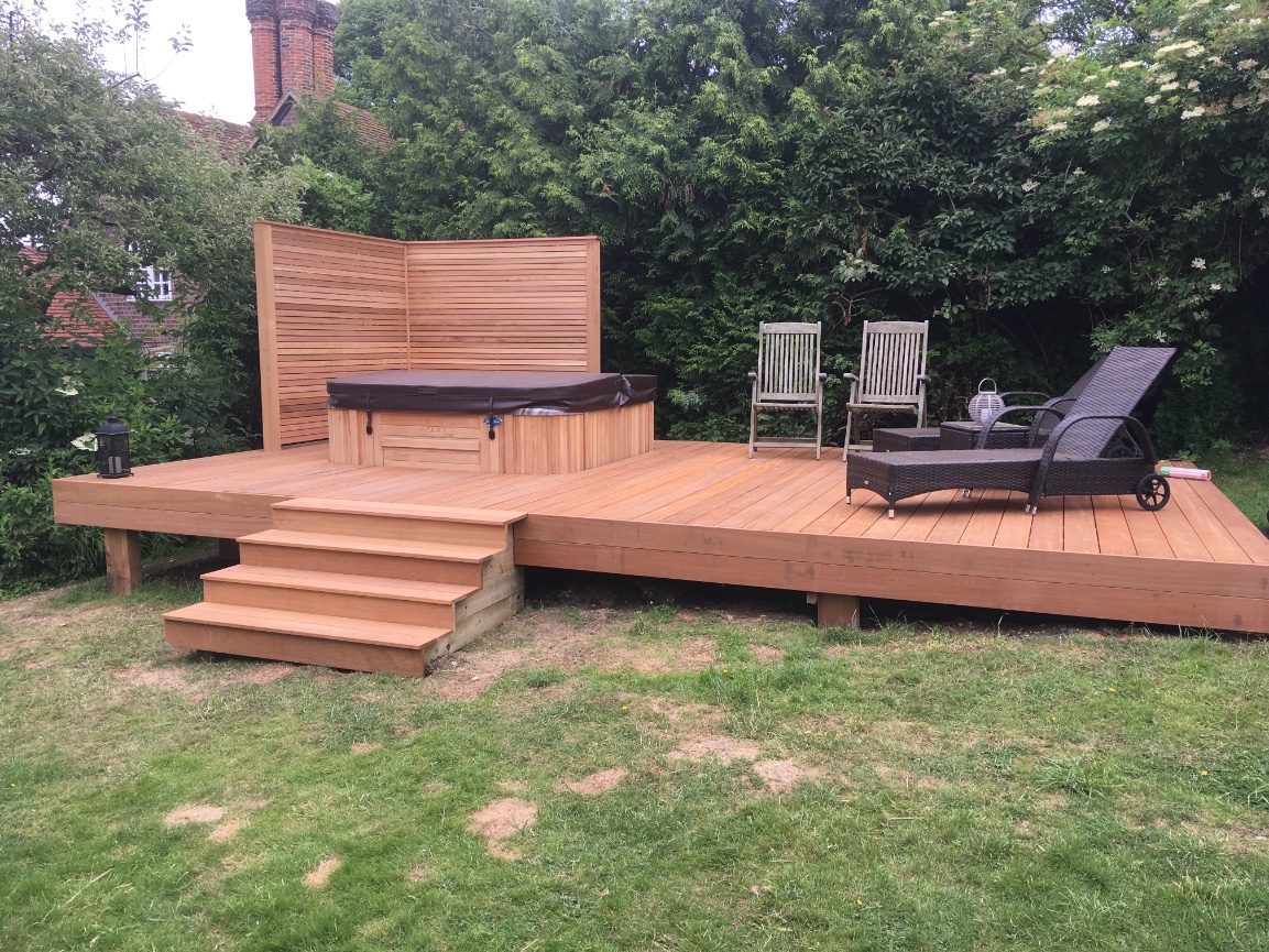 Hardwood deck with hot tub
